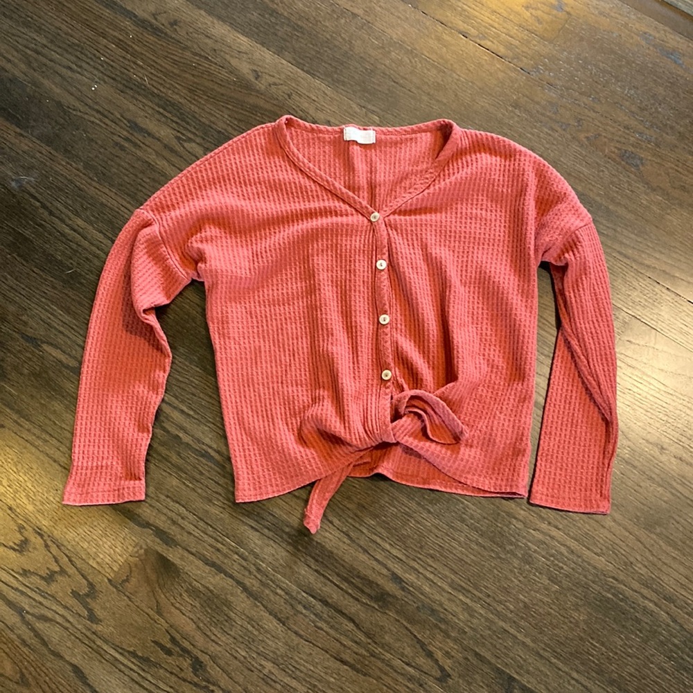 Altar’d State Pink Coral Long Shirt Crop Tie Shirt XS EUC Waffle Fabric Soft - Picture 1 of 6